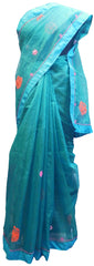 SMSAREE Turquoise Designer Wedding Partywear Supernet (Cotton) Thread Hand Embroidery Work Bridal Saree Sari With Blouse Piece E927