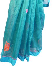 SMSAREE Turquoise Designer Wedding Partywear Supernet (Cotton) Thread Hand Embroidery Work Bridal Saree Sari With Blouse Piece E927