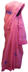 SMSAREE Pink Designer Wedding Partywear Supernet (Cotton) Thread Hand Embroidery Work Bridal Saree Sari With Blouse Piece E928