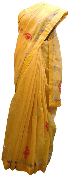 SMSAREE Yellow Designer Wedding Partywear Supernet (Cotton) Thread Hand Embroidery Work Bridal Saree Sari With Blouse Piece E929