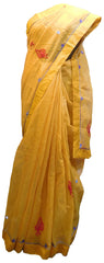 SMSAREE Yellow Designer Wedding Partywear Supernet (Cotton) Thread Hand Embroidery Work Bridal Saree Sari With Blouse Piece E929