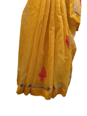 SMSAREE Yellow Designer Wedding Partywear Supernet (Cotton) Thread Hand Embroidery Work Bridal Saree Sari With Blouse Piece E929