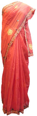 SMSAREE Red Designer Wedding Partywear Supernet (Cotton) Thread Hand Embroidery Work Bridal Saree Sari With Blouse Piece E932