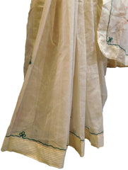 SMSAREE Beige Designer Wedding Partywear Supernet (Cotton) Thread Hand Embroidery Work Bridal Saree Sari With Blouse Piece E933