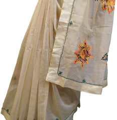 SMSAREE Beige Designer Wedding Partywear Supernet (Cotton) Thread Hand Embroidery Work Bridal Saree Sari With Blouse Piece E933