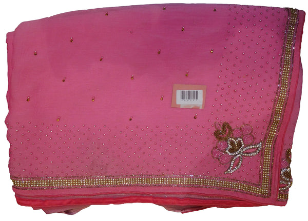 SMSAREE Pink Designer Wedding Partywear Georgette Stone Pearl Cutdana & Beads Hand Embroidery Work Bridal Saree Sari With Blouse Piece E934