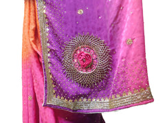SMSAREE Orange Pink & Wine Designer Wedding Partywear Crepe (Jackard) Thread Cutdana Zari & Stone Hand Embroidery Work Bridal Saree Sari With Blouse Piece E935