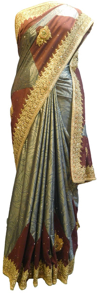 SMSAREE Coffee Brown Designer Wedding Partywear Crepe (Rangoli) Thread Zari & Stone Hand Embroidery Work Bridal Saree Sari With Blouse Piece E938