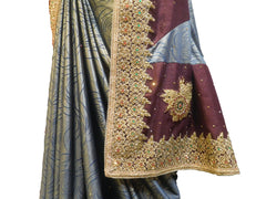 SMSAREE Coffee Brown Designer Wedding Partywear Crepe (Rangoli) Thread Zari & Stone Hand Embroidery Work Bridal Saree Sari With Blouse Piece E938