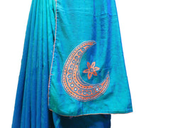 SMSAREE Turquoise Designer Wedding Partywear Silk Thread Pearl & Mirror Hand Embroidery Work Bridal Saree Sari With Blouse Piece E942