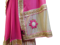 SMSAREE Pink Designer Wedding Partywear Chiffon Thread Zari Pearl & Stone Hand Embroidery Work Bridal Saree Sari With Blouse Piece E945