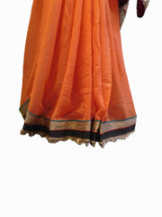 SMSAREE Red Peach Designer Wedding Partywear Georgette (Viscos) Thread Zari Pearl & Stone Hand Embroidery Work Bridal Saree Sari With Blouse Piece E947