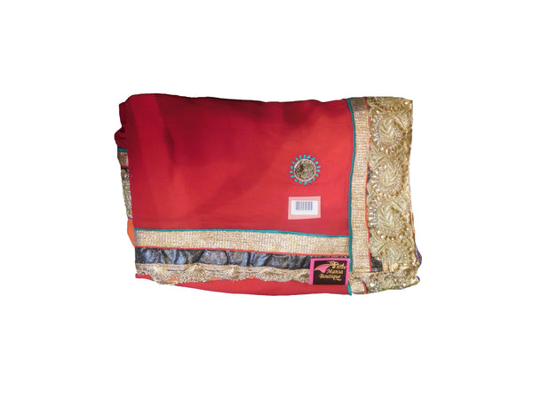 SMSAREE Red Peach Designer Wedding Partywear Georgette (Viscos) Thread Zari Pearl & Stone Hand Embroidery Work Bridal Saree Sari With Blouse Piece E947
