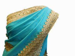 SMSAREE Blue Designer Wedding Partywear Silk Thread Pearl & Stone Hand Embroidery Work Bridal Saree Sari With Blouse Piece E949