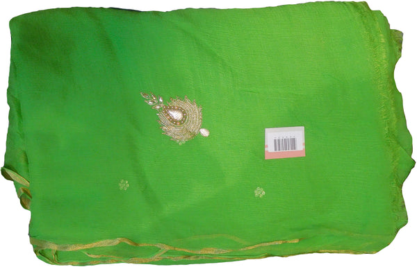 SMSAREE Green Designer Wedding Partywear Chiffon ZariBullion Pearl Gota & Stone Hand Embroidery Work Bridal Saree Sari With Blouse Piece E950