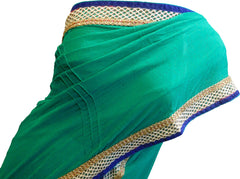 SMSAREE Turquoise Designer Wedding Partywear Chiffon Zari Thread Gota Beads & Stone Hand Embroidery Work Bridal Saree Sari With Blouse Piece E952