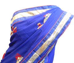 SMSAREE Blue Designer Wedding Partywear Georgette (Viscos) Thread Hand Embroidery Work Bridal Saree Sari With Blouse Piece E953
