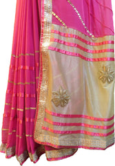 SMSAREE Pink Designer Wedding Partywear Chiffon Zari Gota & Stone Hand Embroidery Work Bridal Saree Sari With Blouse Piece E954