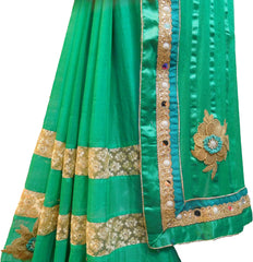SMSAREE Turquoise Designer Wedding Partywear Chiffon Zari Gota & Stone Hand Embroidery Work Bridal Saree Sari With Blouse Piece E955
