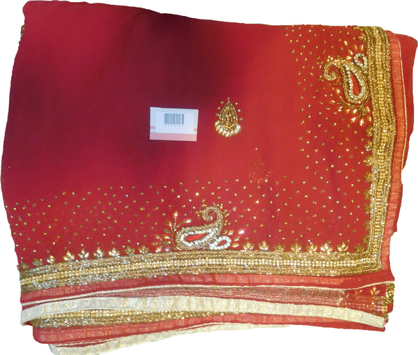 SMSAREE Red Designer Wedding Partywear Georgette Thread Cutdana Zari & Stone Hand Embroidery Work Bridal Saree Sari With Blouse Piece E956