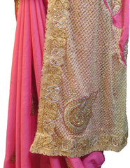 SMSAREE Pink Designer Wedding Partywear Crepe (Rangoli) Zari & Stone Hand Embroidery Work Bridal Saree Sari With Blouse Piece E958