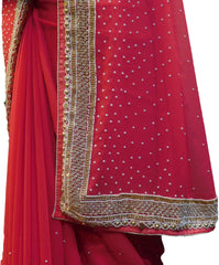 SMSAREE Red Designer Wedding Partywear Georgette Pearl Beads & Stone Hand Embroidery Work Bridal Saree Sari With Blouse Piece E959
