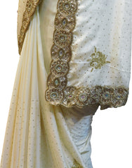 SMSAREE Cream Designer Wedding Partywear Crepe (Rangoli) Cutdana Zari Beads Bullion & Stone Hand Embroidery Work Bridal Saree Sari With Blouse Piece E961