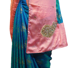 SMSAREE Peach & Turquoise Designer Wedding Partywear Silk Pearl Beads Bullion & Stone Hand Embroidery Work Bridal Saree Sari With Blouse Piece E964