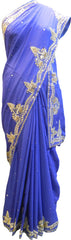 SMSAREE Blue Designer Wedding Partywear Crepe (Chinon) Cutdana Bullion Beads & Stone Hand Embroidery Work Bridal Saree Sari With Blouse Piece E966