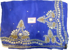 SMSAREE Blue Designer Wedding Partywear Crepe (Chinon) Cutdana Bullion Beads & Stone Hand Embroidery Work Bridal Saree Sari With Blouse Piece E966