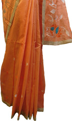 SMSAREE Peach Designer Wedding Partywear Cotton (Chanderi) Thread & Zari Hand Embroidery Work Bridal Saree Sari With Blouse Piece E967