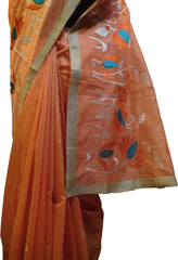 SMSAREE Peach Designer Wedding Partywear Cotton (Chanderi) Thread & Zari Hand Embroidery Work Bridal Saree Sari With Blouse Piece E967