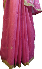 SMSAREE Pink Designer Wedding Partywear Cotton (Chanderi) Thread & Zari Hand Embroidery Work Bridal Saree Sari With Blouse Piece E968