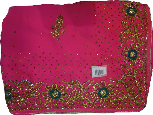 SMSAREE Pink Designer Wedding Partywear Georgette Thread Cutdana & Stone Hand Embroidery Work Bridal Saree Sari With Blouse Piece E970