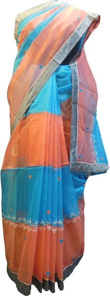 SMSAREE Peach & Blue Designer Wedding Partywear Supernet (Cotton) Thread & Mirror Hand Embroidery Work Bridal Saree Sari With Blouse Piece E980