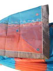 SMSAREE Peach & Blue Designer Wedding Partywear Supernet (Cotton) Thread & Mirror Hand Embroidery Work Bridal Saree Sari With Blouse Piece E980