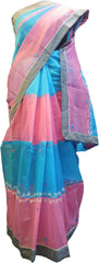 SMSAREE Pink & Blue Designer Wedding Partywear Supernet (Cotton) Thread & Mirror Hand Embroidery Work Bridal Saree Sari With Blouse Piece E981