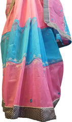 SMSAREE Pink & Blue Designer Wedding Partywear Supernet (Cotton) Thread & Mirror Hand Embroidery Work Bridal Saree Sari With Blouse Piece E981
