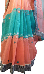 SMSAREE Peach & Turquoise Designer Wedding Partywear Supernet (Cotton) Thread & Mirror Hand Embroidery Work Bridal Saree Sari With Blouse Piece E982