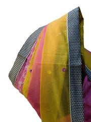 SMSAREE Yellow & Pink Designer Wedding Partywear Supernet (Cotton) Thread & Mirror Hand Embroidery Work Bridal Saree Sari With Blouse Piece E983
