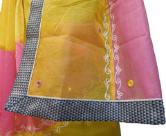 SMSAREE Yellow & Pink Designer Wedding Partywear Supernet (Cotton) Thread & Mirror Hand Embroidery Work Bridal Saree Sari With Blouse Piece E983