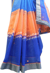 SMSAREE Blue & Orange Designer Wedding Partywear Supernet (Cotton) Thread & Mirror Hand Embroidery Work Bridal Saree Sari With Blouse Piece E984