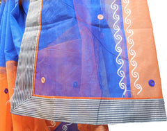SMSAREE Blue & Orange Designer Wedding Partywear Supernet (Cotton) Thread & Mirror Hand Embroidery Work Bridal Saree Sari With Blouse Piece E984
