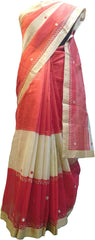 SMSAREE Red & Beige Designer Wedding Partywear Supernet (Cotton) Thread & Mirror Hand Embroidery Work Bridal Saree Sari With Blouse Piece E985