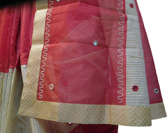 SMSAREE Red & Beige Designer Wedding Partywear Supernet (Cotton) Thread & Mirror Hand Embroidery Work Bridal Saree Sari With Blouse Piece E985