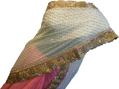 SMSAREE Cream Pink Designer Wedding Partywear Georgette Zari Pearl & Stone Hand Embroidery Work Bridal Saree Sari With Blouse Piece F009
