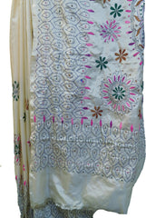 SMSAREE Cream Designer Wedding Partywear Silk Thread & Mirror Hand Embroidery Work Bridal Saree Sari With Blouse Piece F010