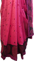 SMSAREE Pink & Black Designer Wedding Partywear Supernet (Cotton) Thread Hand Embroidery Work Bridal Saree Sari With Blouse Piece F013