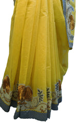 SMSAREE Yellow Designer Wedding Partywear Supernet (Cotton) Thread Hand Embroidery Work Bridal Saree Sari With Blouse Piece F014