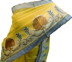 SMSAREE Yellow Designer Wedding Partywear Supernet (Cotton) Thread Hand Embroidery Work Bridal Saree Sari With Blouse Piece F014